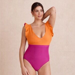 Summersalt Colorblock One-Piece Swimsuit – Orange & Pink Ruffle Sleeve | Size 4